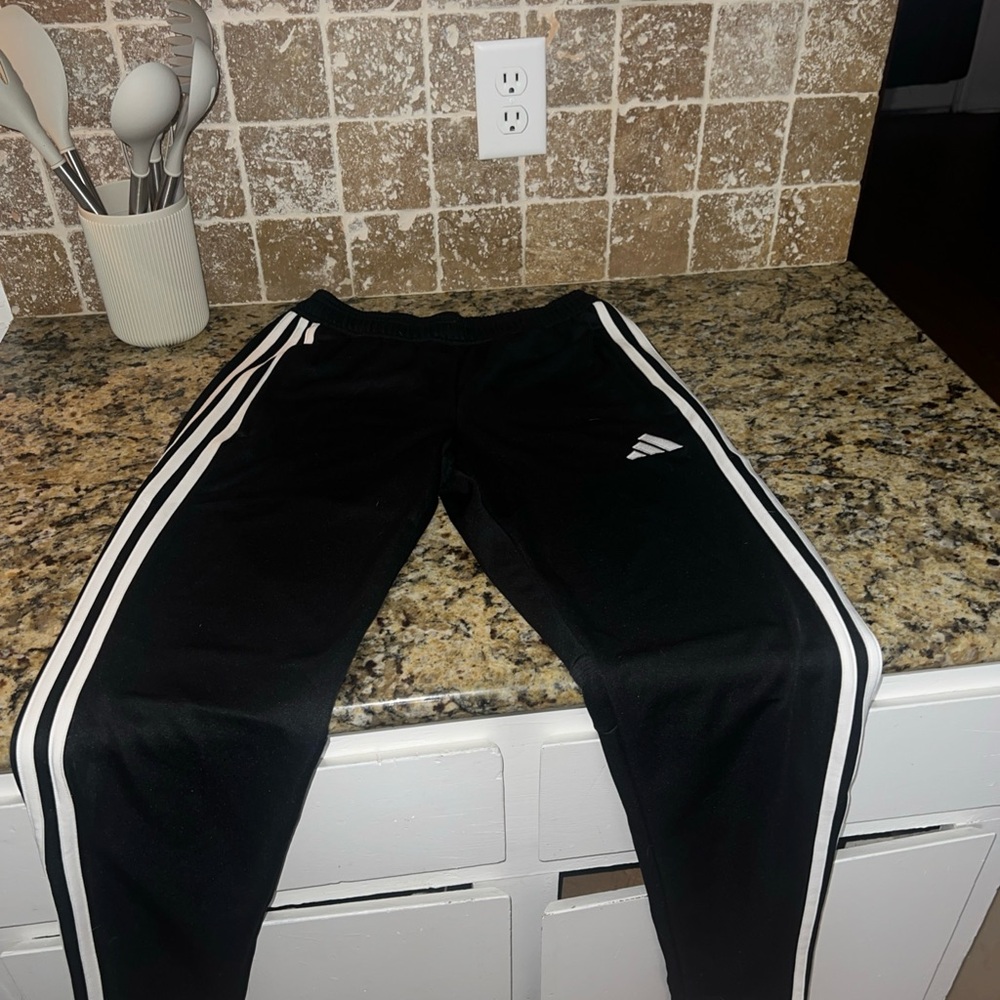 Adidas Men's Black Joggers with White Stripes